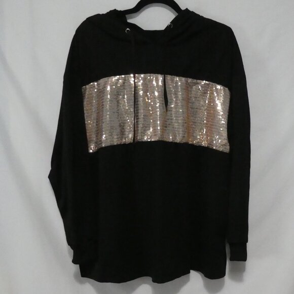 SHEIN - Curve | 2XL | Contrast Gold Sequin Drop Shoulder Drawstring Black Hoodie - Picture 2 of 16